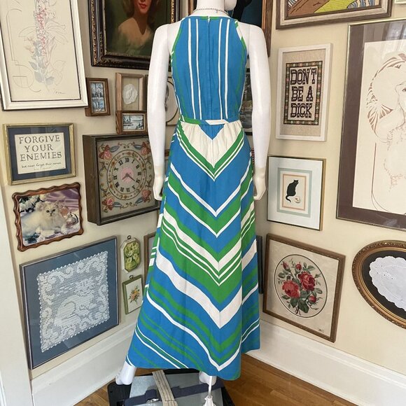 Vintage 1970s Malia Blue & Green Striped Cotton Maxi Dress with Built In Bra S - Picture 4 of 8